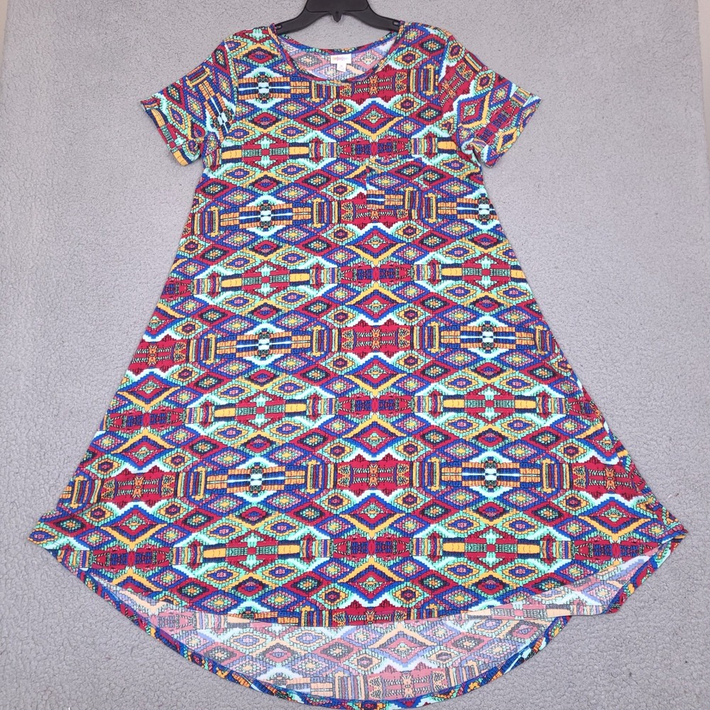 LuLaRoe Amelia Dress Womens Medium Colorful Geometric Tribalβ Print Short Sleeve